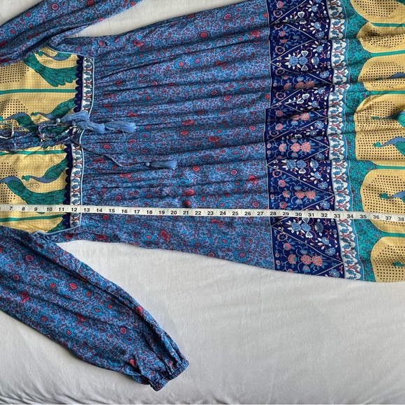 R. Vivimos Boho Festival Midi Blue/Yellow Peacock Print Dress Womens Sz L EUC - Picture 9 of 15